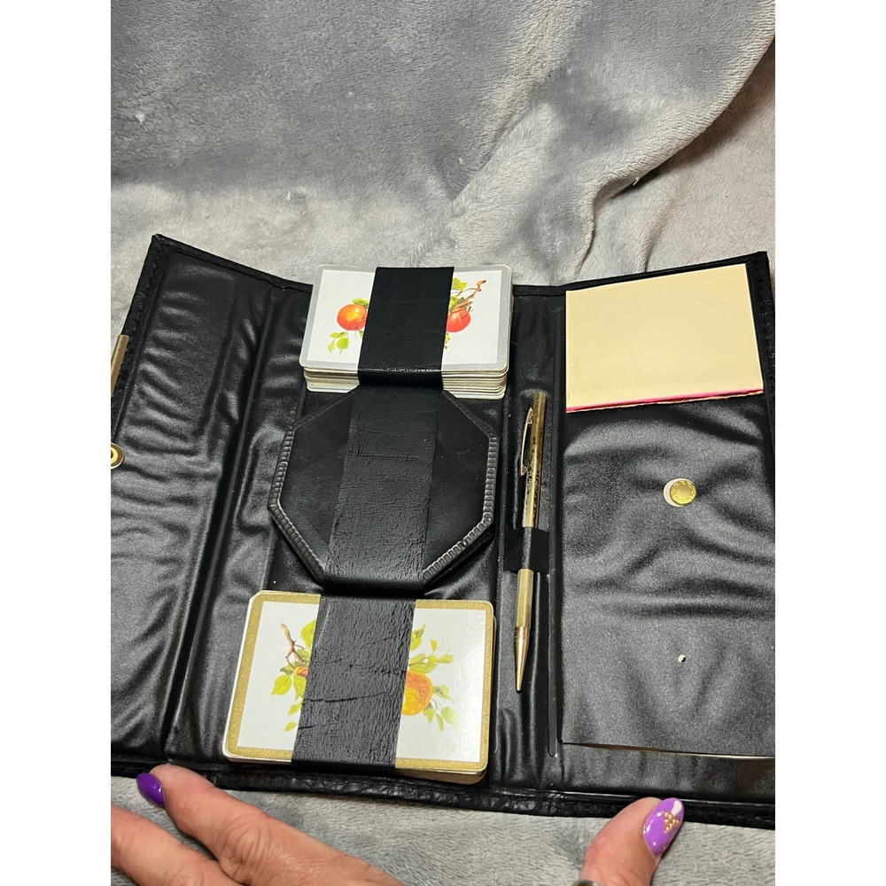 Vintage Travel Card Game Set Apples Deck Score Pad Pen Case Black 10 Inch